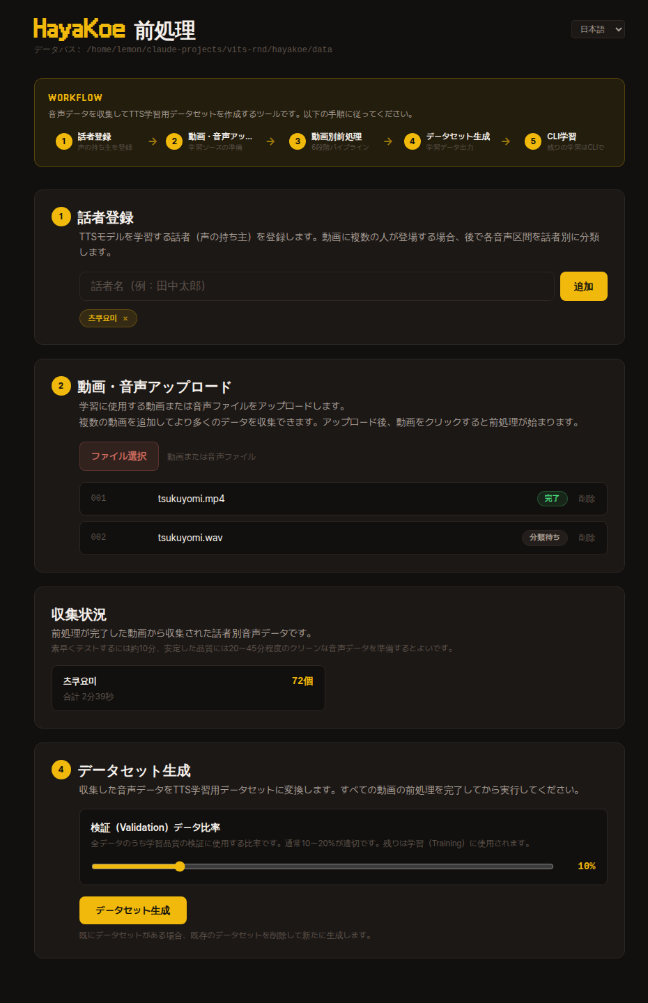 HayaKoe 前処理ダッシュボードのメイン画面 — 上部にワークフローガイドとステップごとのカード
