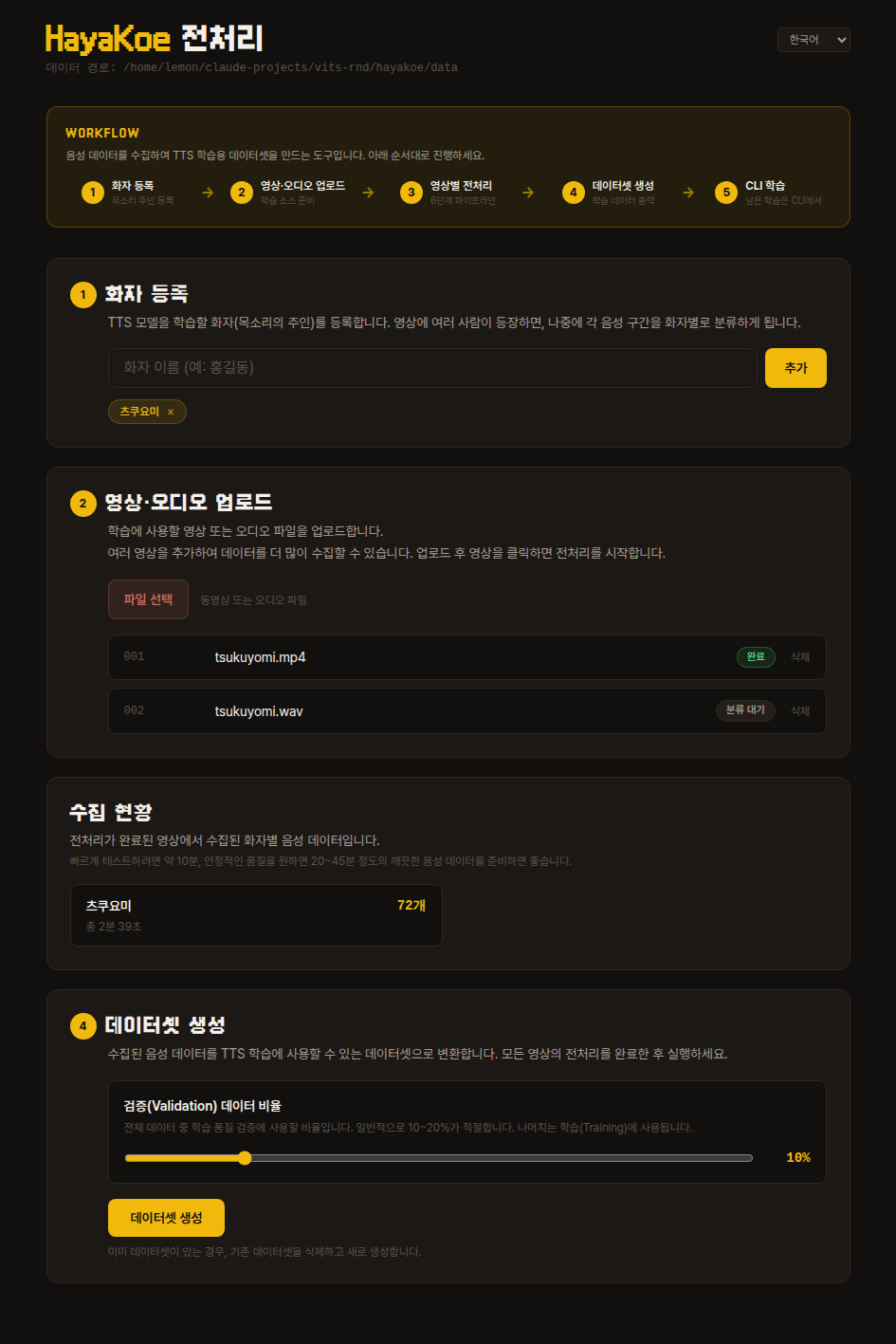 HayaKoe 전처리 대시보드 메인 화면 — 상단 워크플로우 가이드와 단계별 카드