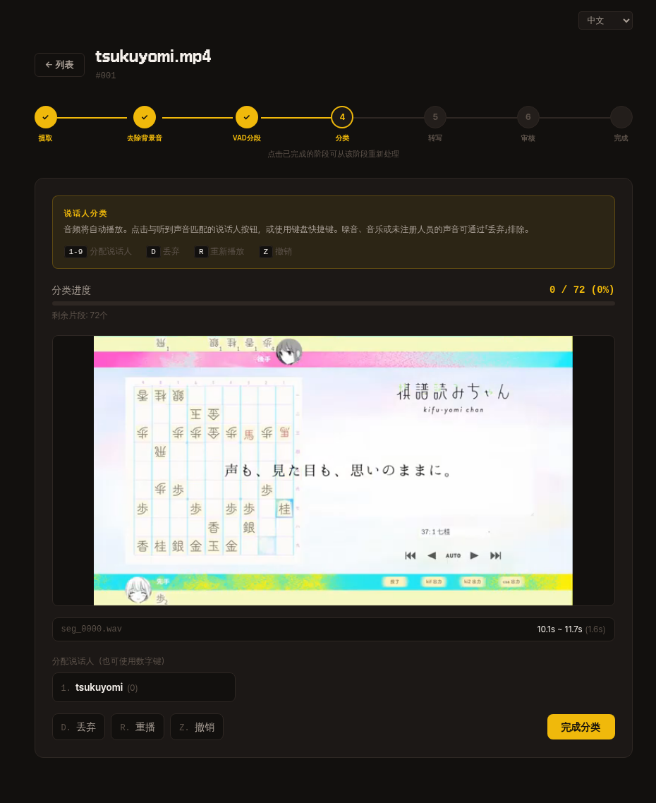 分類步驟 — 片段自動播放,透過話者編號鍵或按鈕進行指派